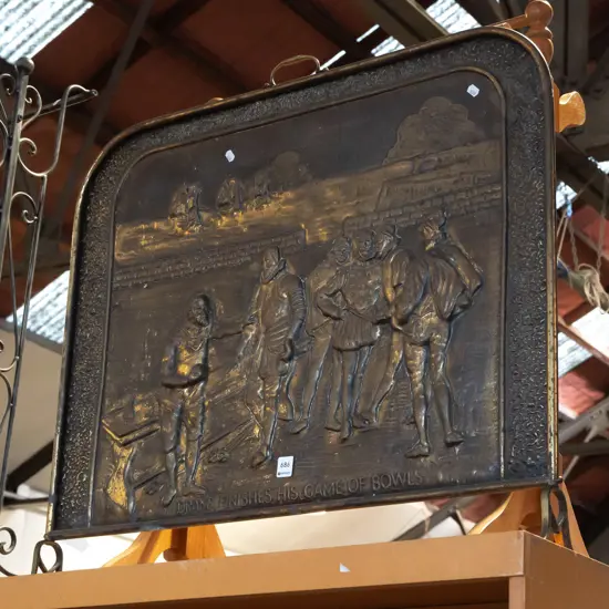 pressed brass firescreen - Drake finishes his game of bowls H660