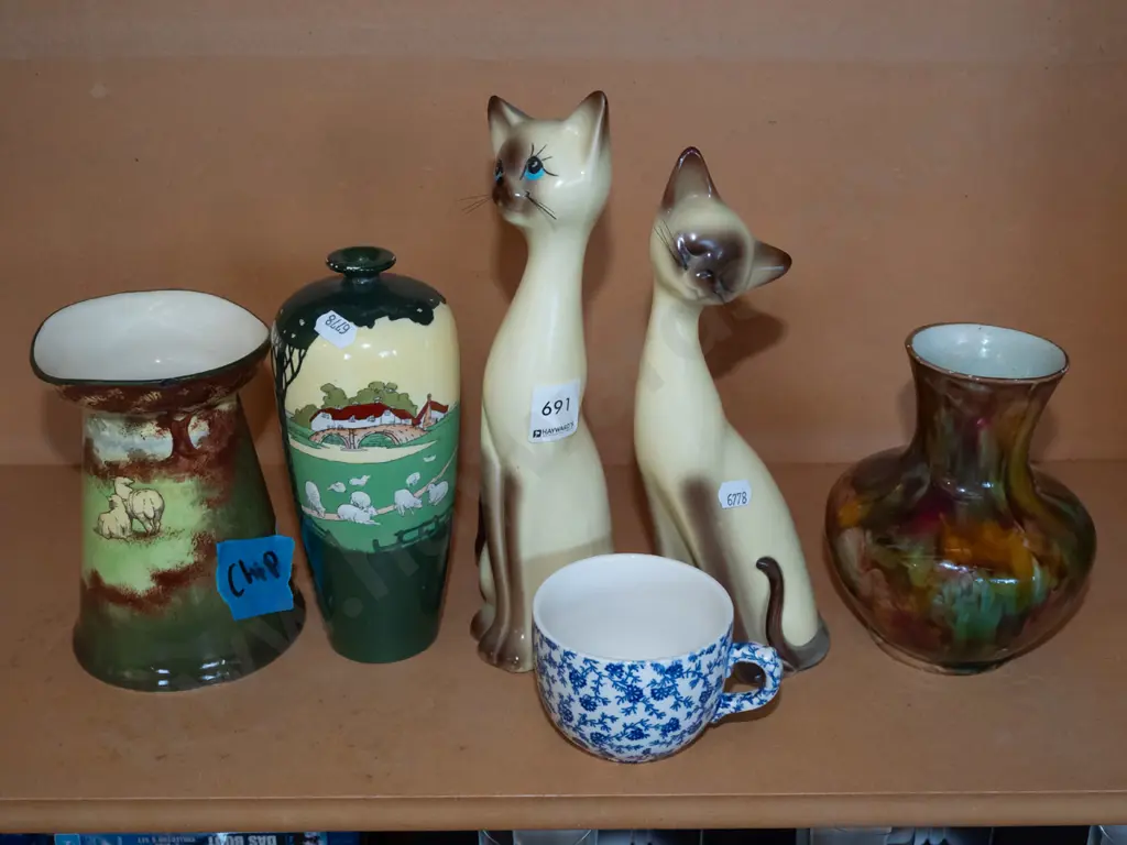 shelf; 2x cat figurines, vases, Royal Doulton vase - chip to rim etc Image 1++