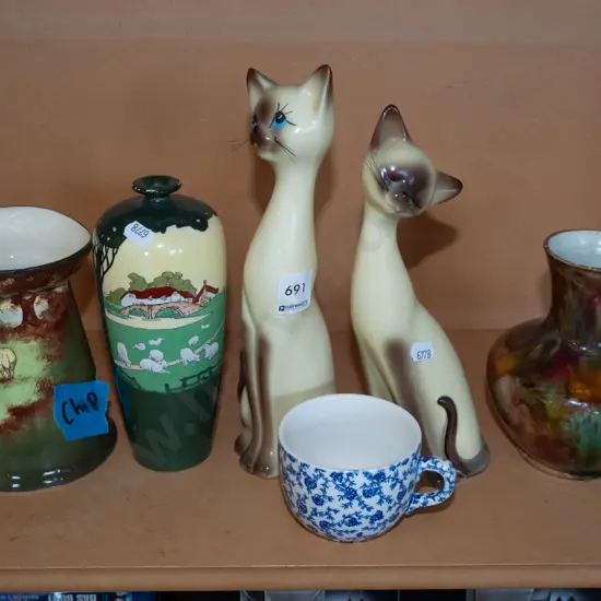 shelf; 2x cat figurines, vases, Royal Doulton vase - chip to rim etc