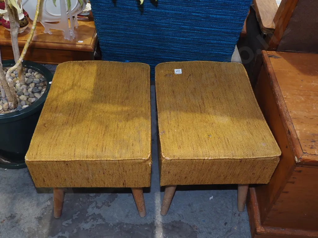 2x mid century orange footstools - some damage to upholstery Image 1++