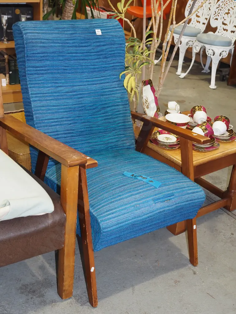 blue upholstered mid century armchair - repair to fabric Image 1++