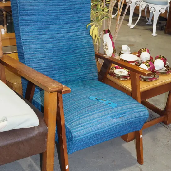 blue upholstered mid century armchair - repair to fabric