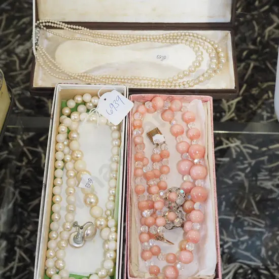 faux pearl necklace, 2 other beaded necklaces