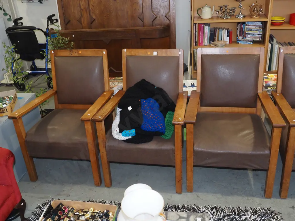 3x rimu and brown vinyl armchairs Image 1++