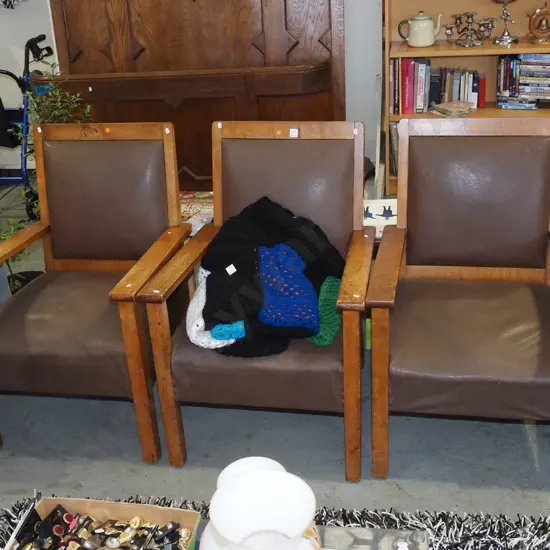3x rimu and brown vinyl armchairs