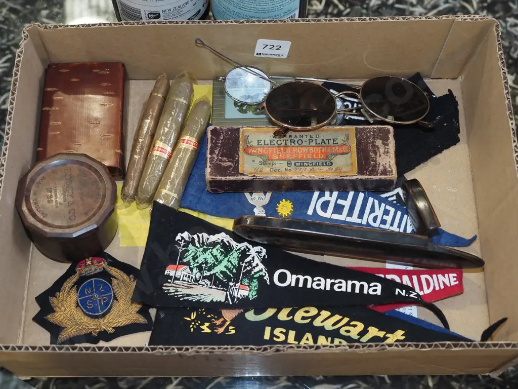 box; cigars, glasses,  NZ police badges, pennants etc Image 1++