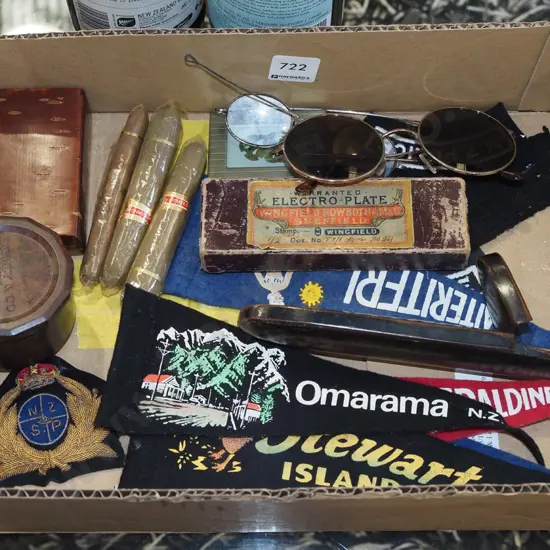 box; cigars, glasses,  NZ police badges, pennants etc