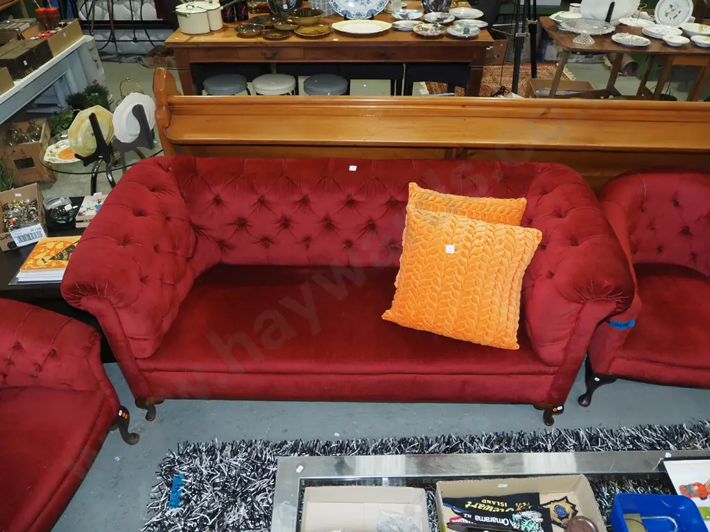 cab leg red upholstered 3 piece lounge suite - 3 seater and 2 tub chairs - some damage and holes Image 1++