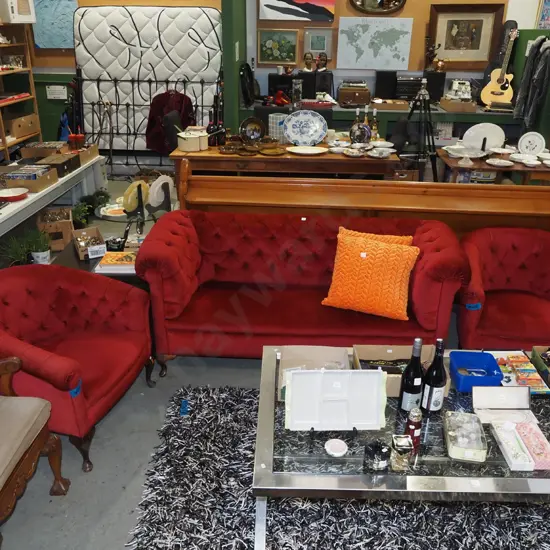 cab leg red upholstered 3 piece lounge suite - 3 seater and 2 tub chairs - some damage and holes