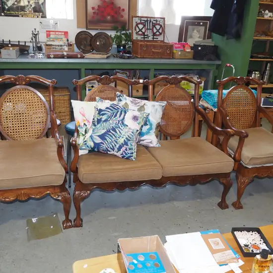 reproduction mahogany claw and ball foot begere back carved and upholstered 3 piece suite