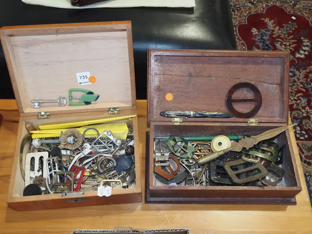 2x wooden boxes; buckles, keys, pens etc - orange dots Image 1++