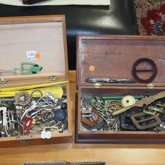 2x wooden boxes; buckles, keys, pens etc - orange dots