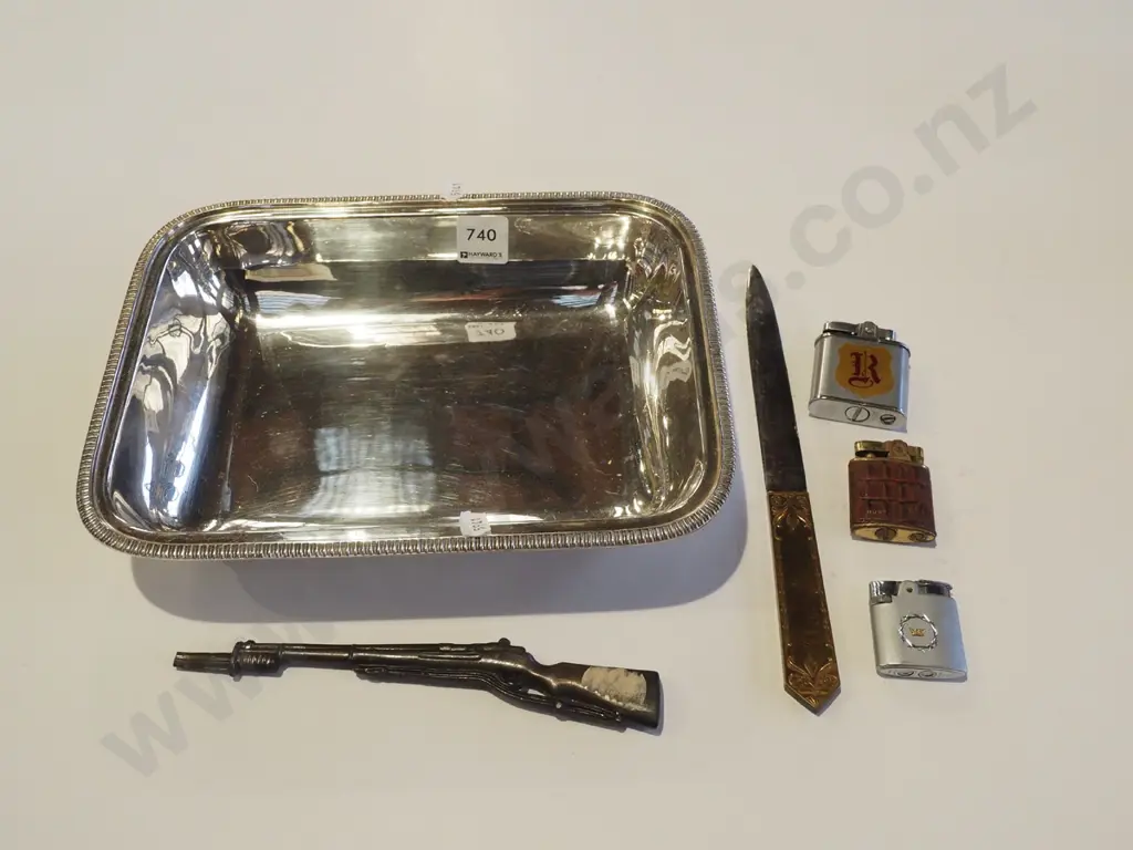 plated dish, lighters, letter opener, ornamental metal rifle Image 1++