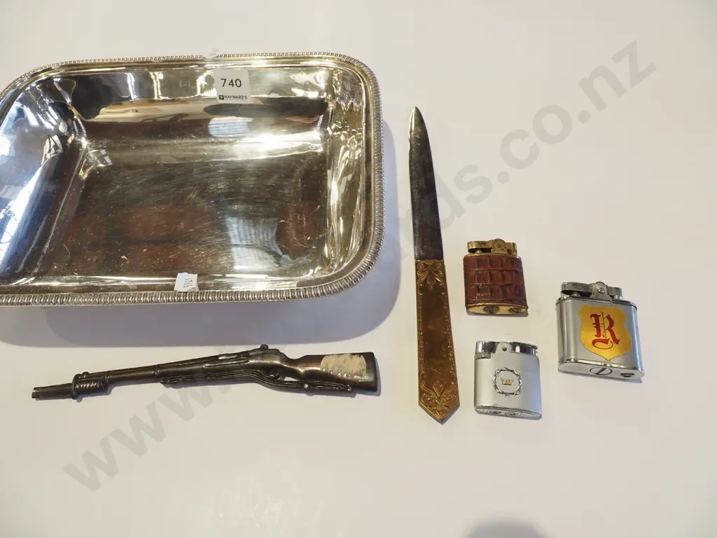 plated dish, lighters, letter opener, ornamental metal rifle Image 1++