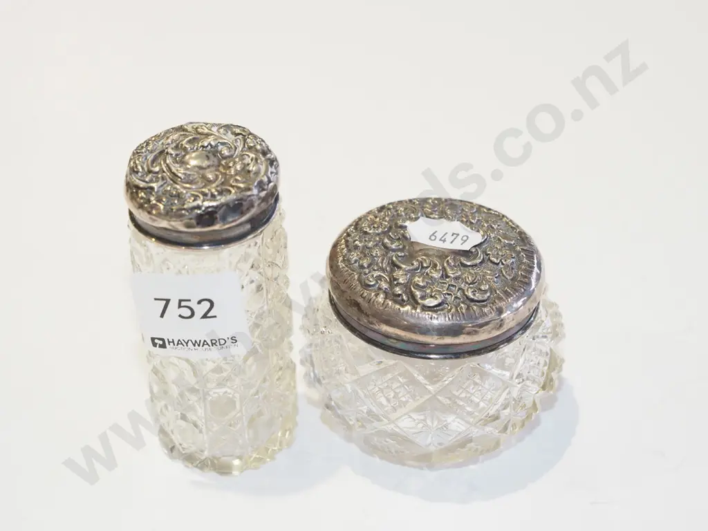 2x cut glass containers - caps are Birmingham sterling silver EHM Image 1++