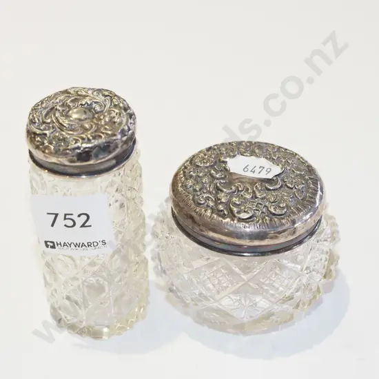 2x cut glass containers - caps are Birmingham sterling silver EHM