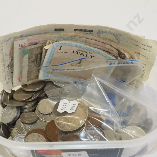 container of coins & bank notes