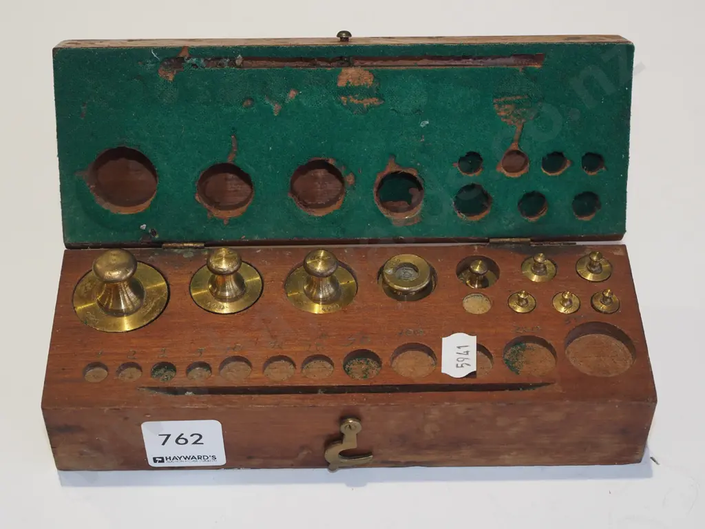 vintage wooden box & part brass weights Image 1++