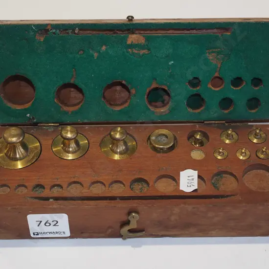 vintage wooden box & part brass weights