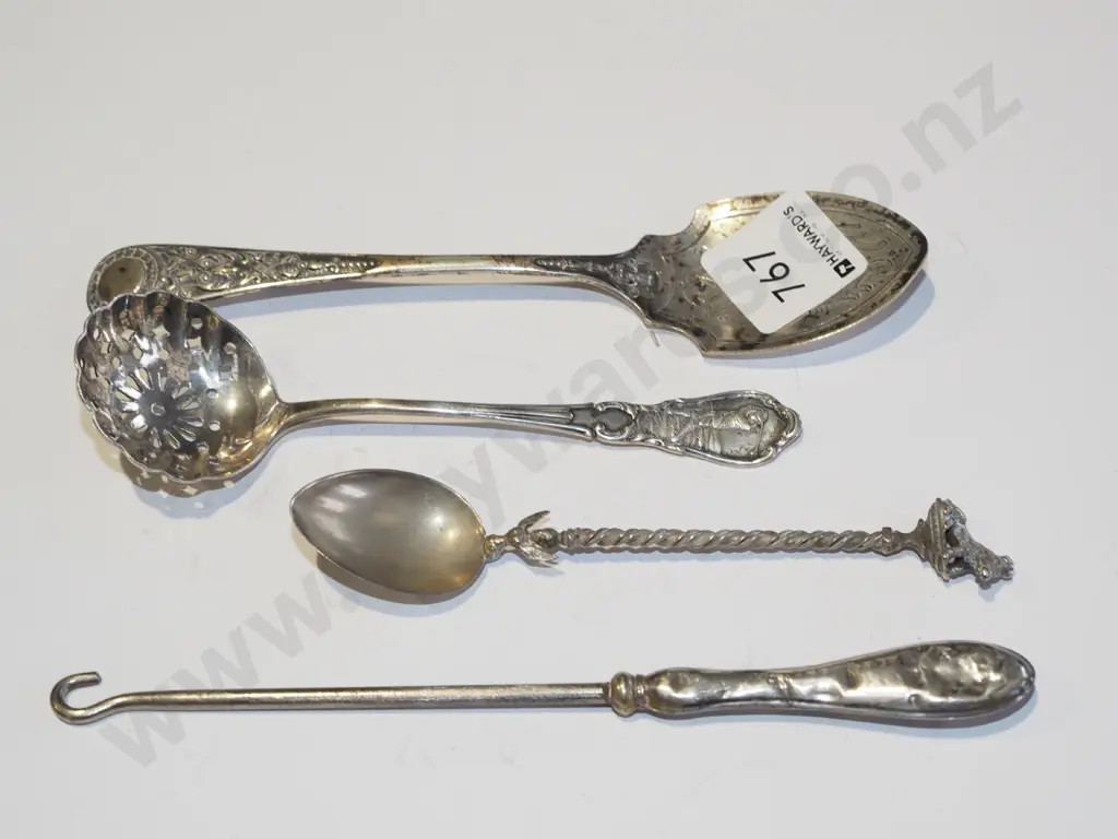 berry spoon, mini cake slice, button hook (all sterling silver EHM), bear spoon (800 silver) Image 1++