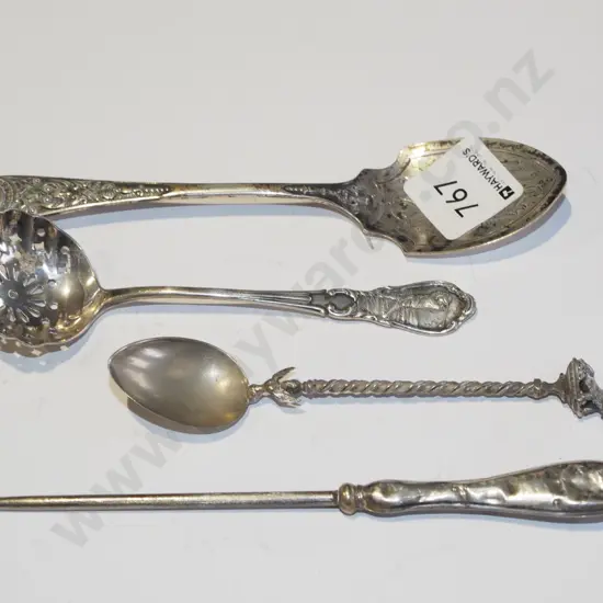 berry spoon, mini cake slice, button hook (all sterling silver EHM), bear spoon (800 silver)