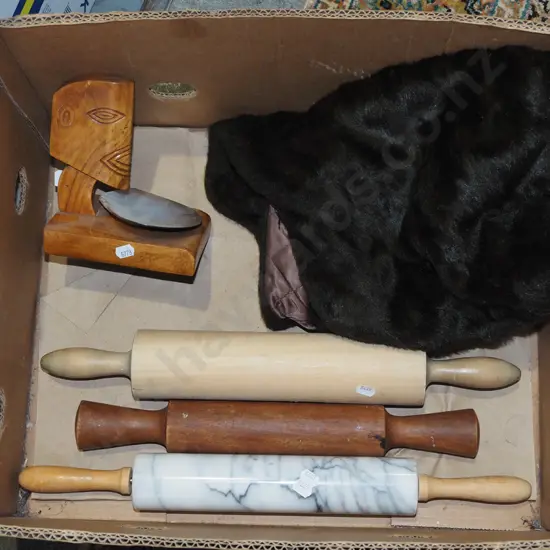 box; faux fur stole, rolling pins & shell & wood ornament