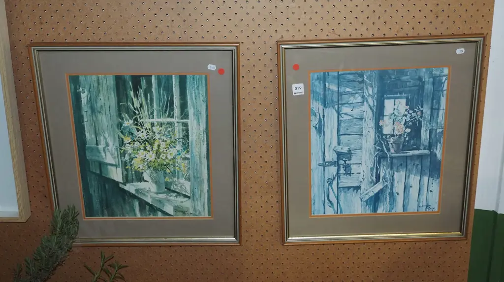 2x framed prints - flowers, old buildings - red dots Image 1++