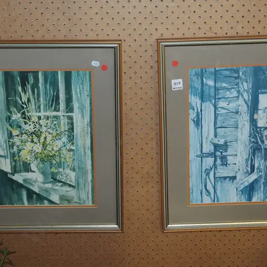 2x framed prints - flowers, old buildings - red dots