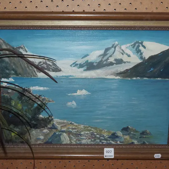 framed oil on board - glacial lake