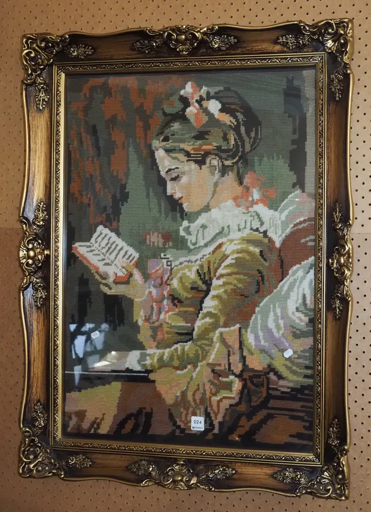 gilt framed tapestry - woman reading book Image 1++