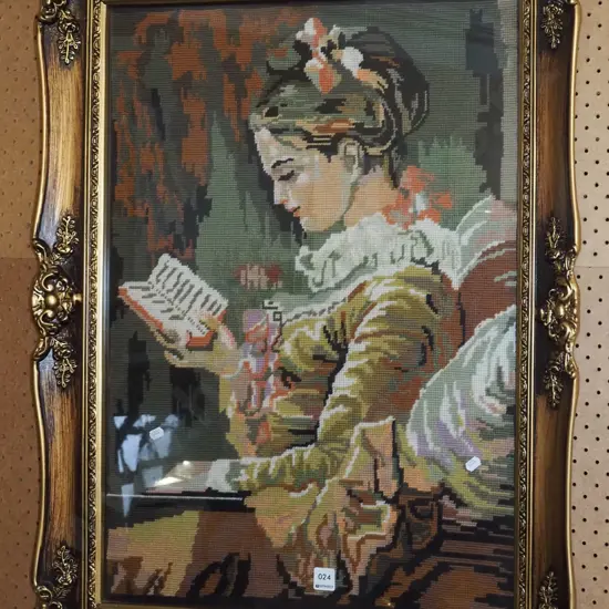 gilt framed tapestry - woman reading book