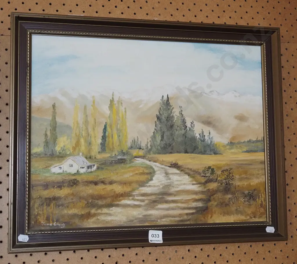 June Greg - framed oil - farmhouse and mountain scene Image 1++