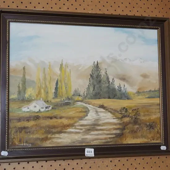 June Greg - framed oil - farmhouse and mountain scene