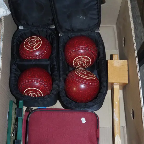 box; petanque set, wooden mallet, lawn bowls etc
