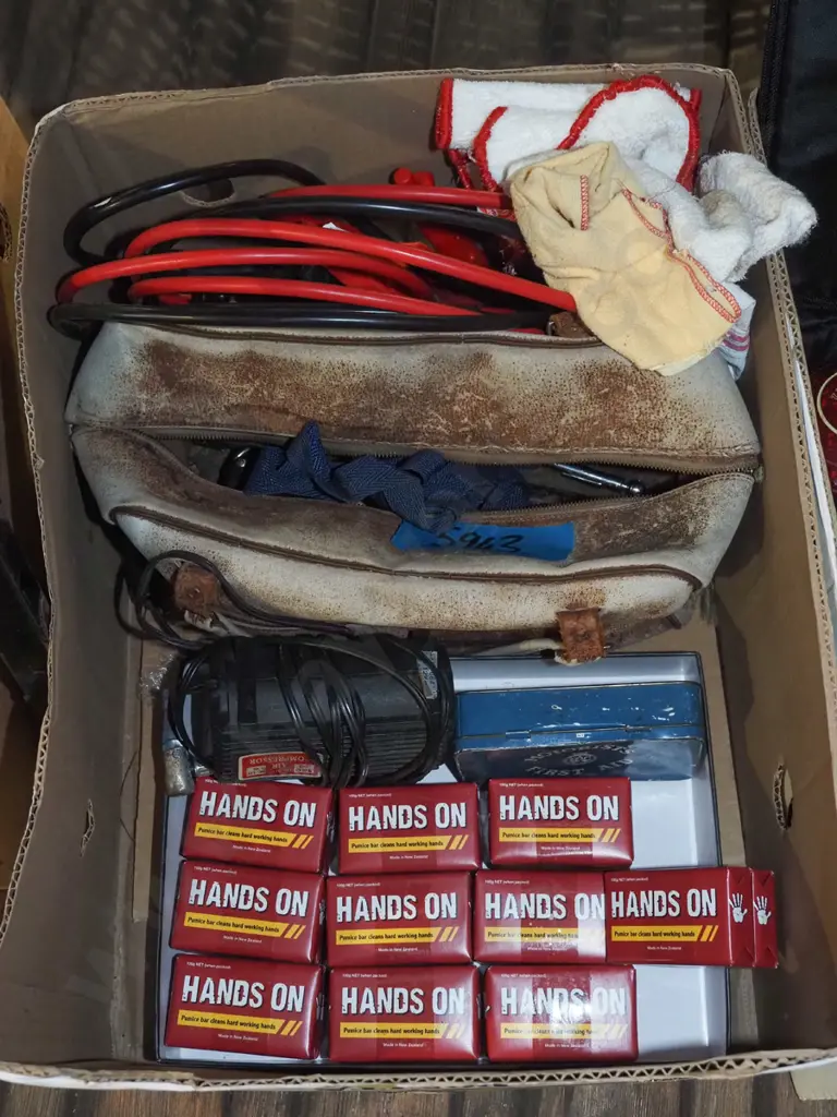 box; hands on pumice bar, tyre inflater, jumper leads etc Image 1++