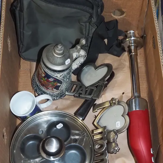 box; stick blender, beer stein, photo frames etc