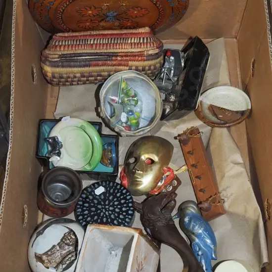 box; nutcracker, small brass ornamental mask etc