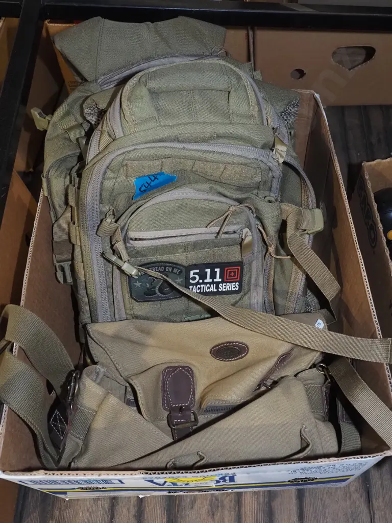 box; canvas satchel, 2x military style backpacks Image 1++