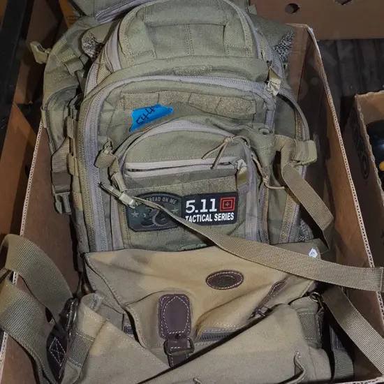 box; canvas satchel, 2x military style backpacks