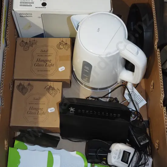 box; glass light, modems, kettle etc