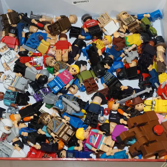 box; plastic toy  figurines - some Lego