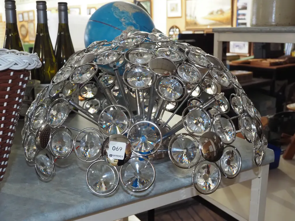 ceiling mounted light fitting with 10 small halogen bulbs, chrome and plastic lustres Diam540 Image 1++