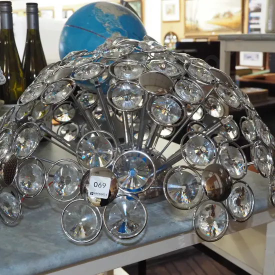 ceiling mounted light fitting with 10 small halogen bulbs, chrome and plastic lustres Diam540