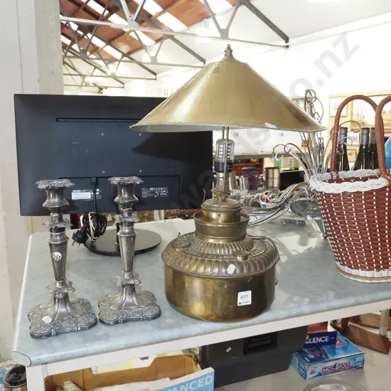 plated candlesticks, LED table lamp made from a kerosene lantern - wiring needs attention