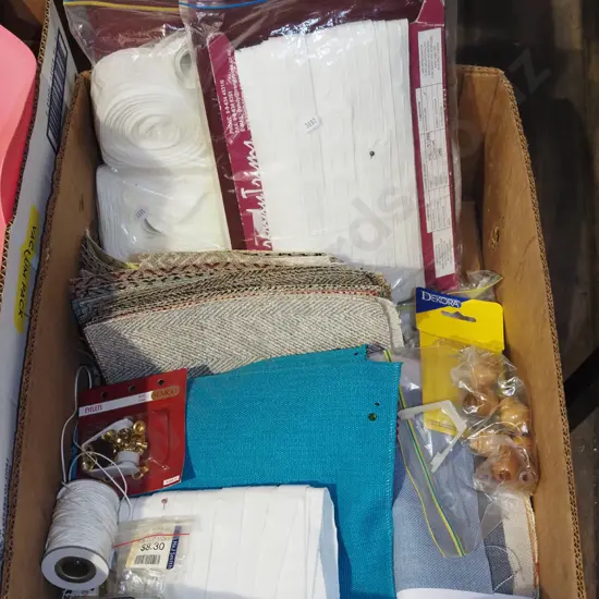 box;  fabric pieces, picture hooks, eyelets, curtain backings