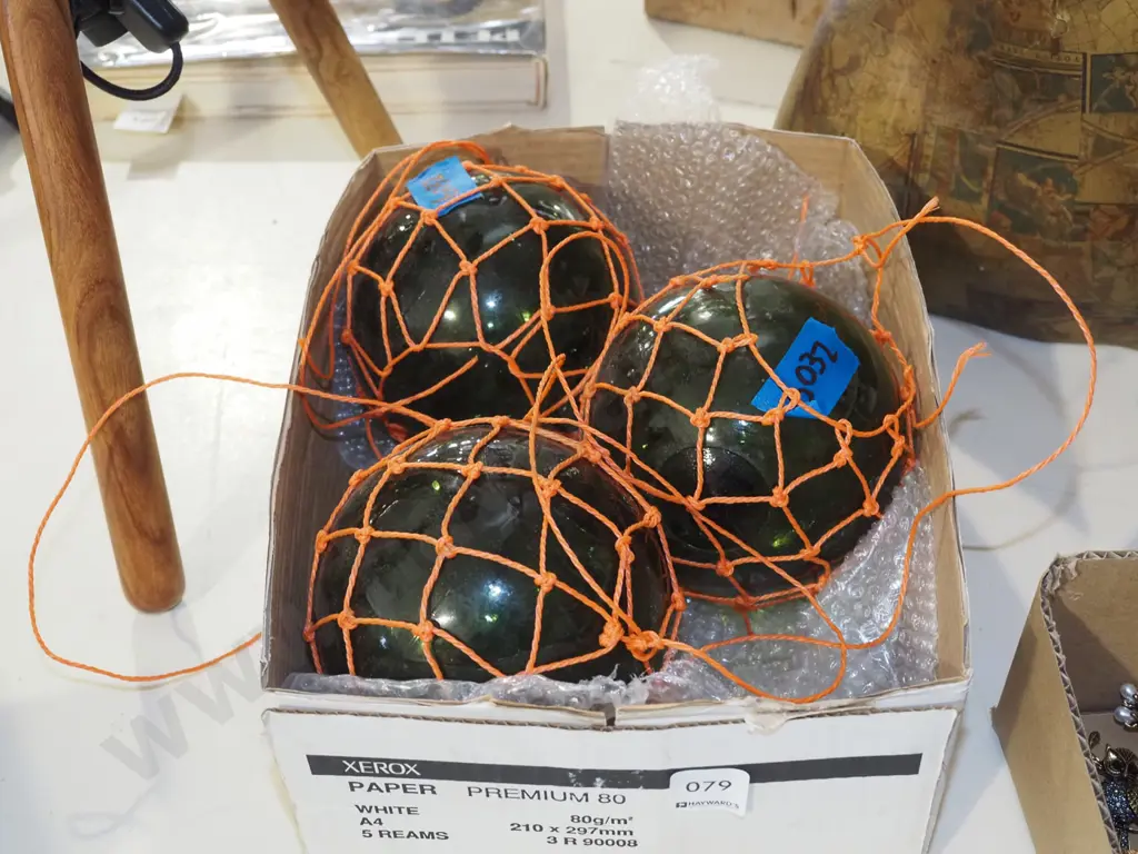 3x green glass fishing buoys - small Diam approx 140 Image 1++