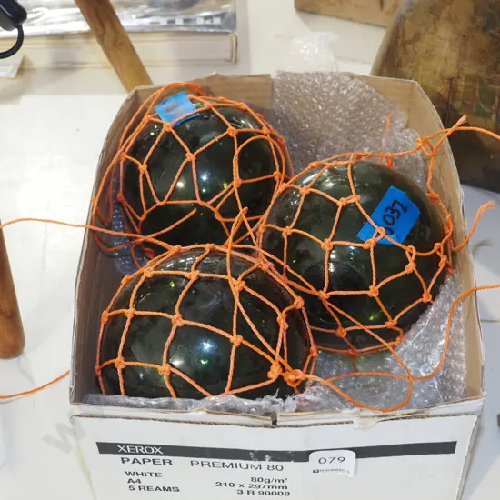 3x green glass fishing buoys - small Diam approx 140