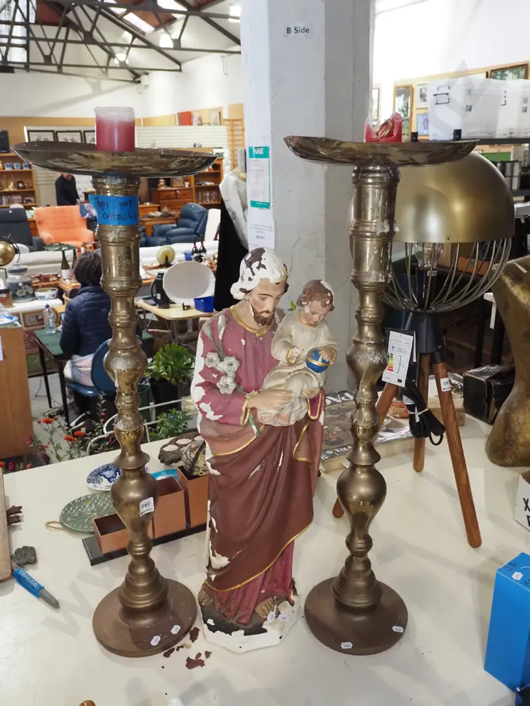 pair of tall brass candesticks H760- tops are not attached, religious figurine - poor condition  Image 1++