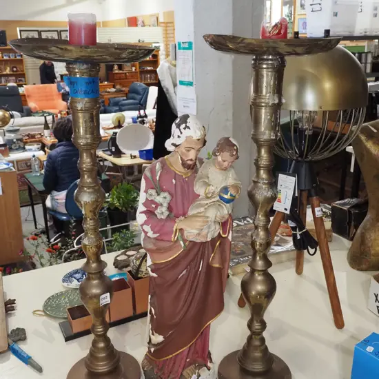 pair of tall brass candesticks H760- tops are not attached, religious figurine - poor condition 