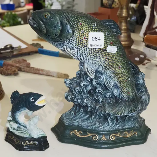 2x cast iron fish themed door stops H25